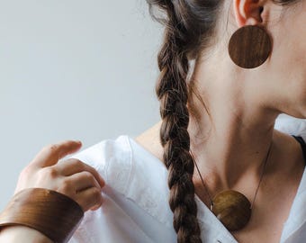 Wooden jewelry set, Wide wooden bangle bracelet and Circle stud earrings, Unique designer jewelry, 5th anniversary gift for her