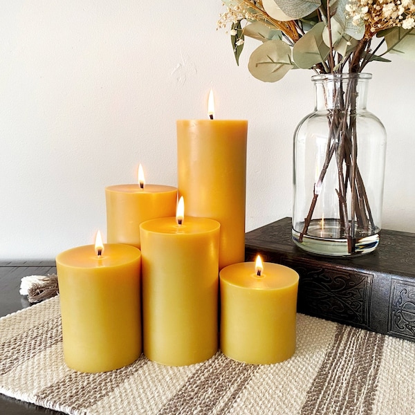 100% Pure Beeswax Candle | Beeswax Candles | Unscented Yellow Beeswax Pillar Candle | Natural Beeswax Pillar Candles for Meditation & Prayer