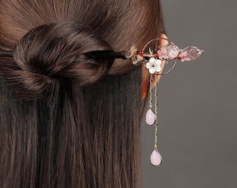 Vintage Shell Flower Hair Stick Hair Pin Flower with Pendant Hair Stick Chinese Hanfu Hair pin, Wooden Hair Stick, Chinese Hair Accessories