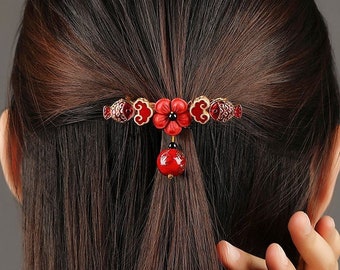 Chinese Red Flower Hair Clip Floral Barrette Retro Bridal Flower Hair Pins, Elegant Minimalist Hair Accessories Wedding Barrette, Gifts