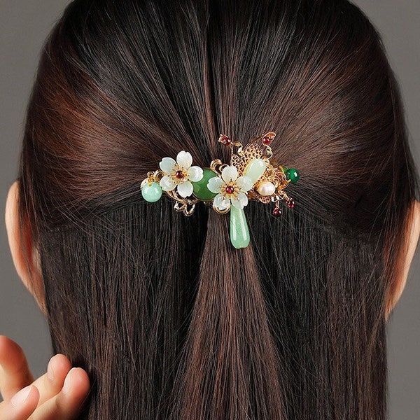 Barrette à barrette florale vintage en jade vert Épingle à cheveux rétro de la vie quotidienne, barrette d'accessoires pour cheveux minimaliste élégante, cadeaux pour elle pour maman