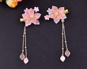 A Pair of Vintage Cherry Blossoms Hair Clip Pink Flower Hair Clip Chinese Hanfu Hair Clips, Elegant Minimalist Wedding Hair Accessories