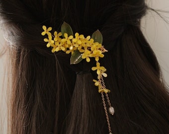 Pince à cheveux vintage Osmanthus Fragrans, fleur jaune avec gland, pince à cheveux Cheongsam, pince à cheveux chinoise rétro Hanfu, accessoire de cheveux chinois