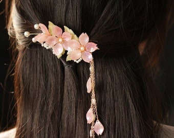 Vintage Butterfly Cherry Blossoms Hair Clip Pink Flower With Tassel Cheongsam Hair Clip Retro Chinese Hanfu Hair Clip Chinese Hair Accessory