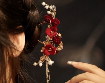 Vintage Red Bridal Hair Stick Flower with Tassels U Shape Hair Stick Hanfu Hair Pins Traditional Hairpin Wedding Hair Accessories