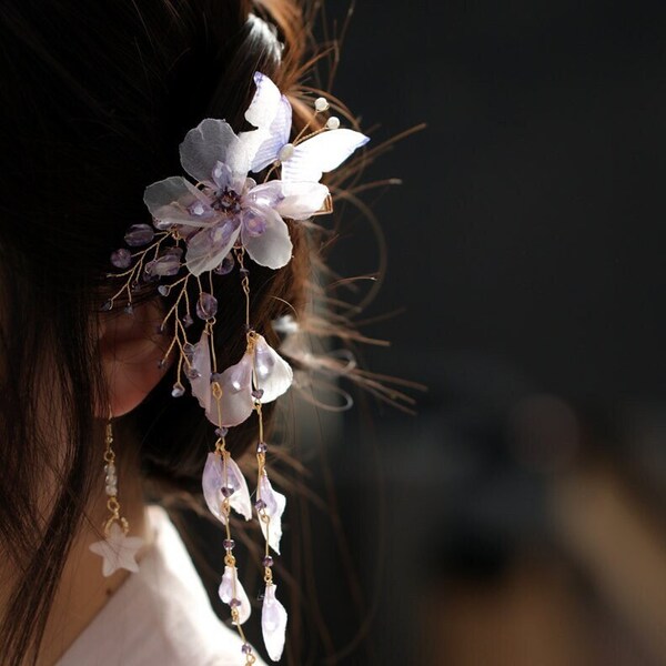 Fermaglio per capelli vintage con fiore viola, farfalla in chiffon con fermaglio per capelli con nappe, fermaglio per capelli retrò Hanfu, forcine di lusso, accessori per capelli laterali da sposa