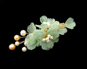 Vintage Green / Pink Flower Hair Clip Chinese Hanfu Floral Hair Clips, Elegant Minimalist Wedding Hair Accessories