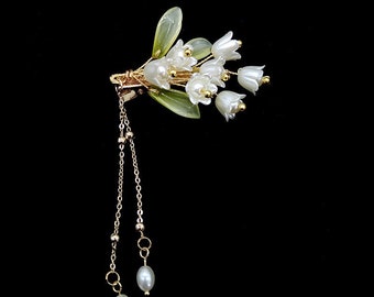 Vintage White Floral With Tassel Hair Clip Chinese Hanfu Flower Hair Clips, Elegant Minimalist Wedding Hair Accessories