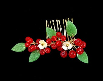 Red Fruitage Hairpin Cute Fruit Style Hair Comb Chinese Hanfu Insert Comb Traditional Floral Hair Comb Stick Wedding Hair Accessories