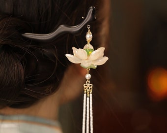 Vintage Lotus Flower Hair Stick Hair Pin Lotus with Pearl Tassels Hair Stick Chinese Hanfu Hair pin, Chinese Hair Accessories, Gift for her