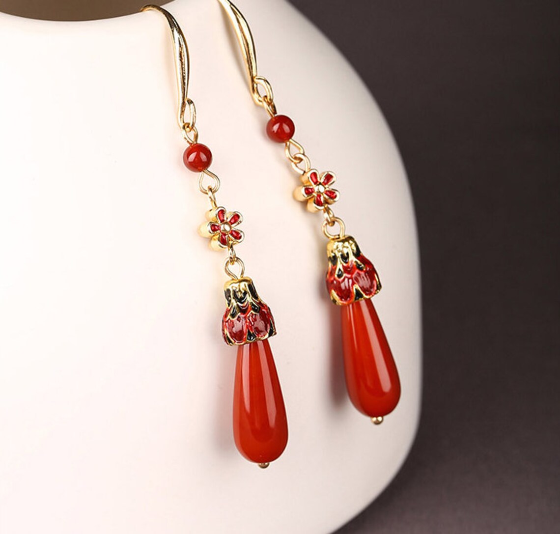 Red Agate Dangle Earrings Long Drop Earrings Vintage Chinese Etsy