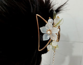 Vintage Metal Hair Claw Glazed Flower With Tassel Hair Clip Chinese Hair Claw, Floral Elegant Minimalist Wedding Hair Accessories