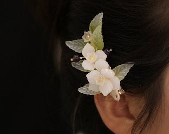 Vintage fleur de jasmin pince à cheveux florale exquise pince à cheveux côté mariage pince à cheveux Hanfu accessoire de cheveux chinois, cadeaux pour elle