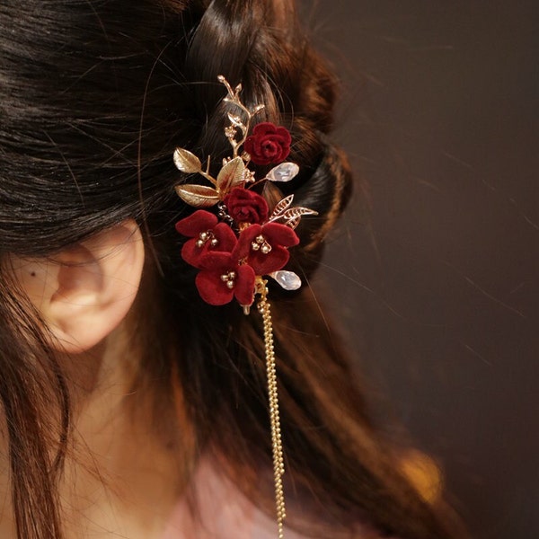 Vintage Red Bridal Hair Clip Flannel Flower Hair Clip Flowers Tassel Hair Clip Retro Chinese Wedding Side Hair Accessories