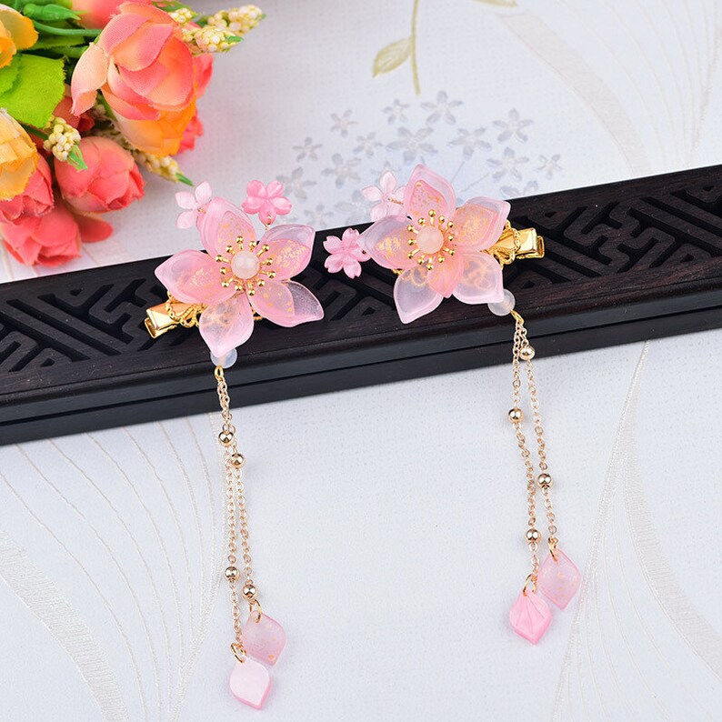 A Pair of Vintage Cherry Blossoms Hair Clip Pink Flower Hair Clip Chinese Hanfu Hair Clips, Elegant Minimalist Wedding Hair Accessories image 4