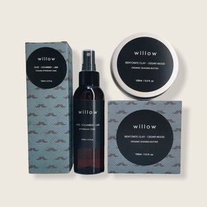 Mens Shaving Duo, Organic Shaving Cream with Bentonite Clay and Cedar, Natural Cooling Aftershave with Aloe and Cucumber, for Men