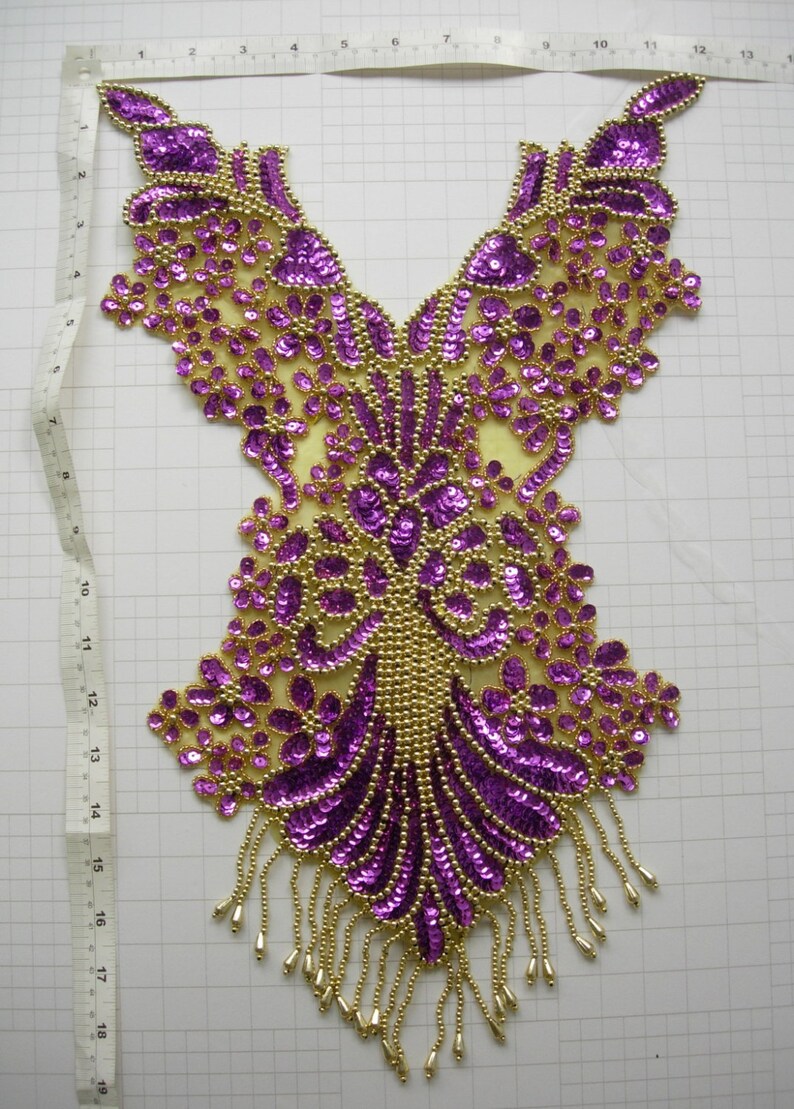 BD085 Pretty Bodice Sequin Bead Applique Fringe Purple Sew On Etsy
