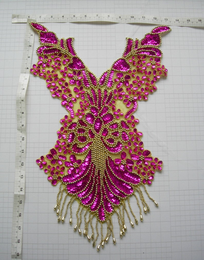 BD06 Pretty Bodice Sequin Bead Applique Fringe Fuchsia Sew on Etsy