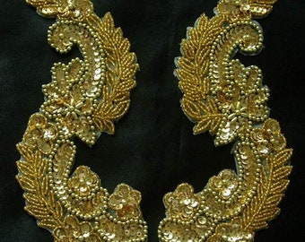 LR64 Mirror Pair Flora Sequined Beaded Applique Sewing On Motif  Gold/Silver/Black