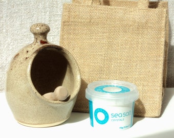 Small Salt Pig Gift Bag in Honey Beige - a pot of Cornish Sea Salt and wooden scoop, hand thrown ceramic.