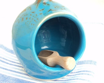 Salt Pig Small in Turquoise glaze - with scoop