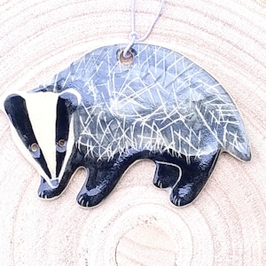Hand made Ceramic Hanging Decoration - Badger side view - painted one side