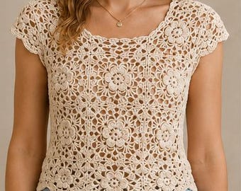 Top da donna in cotone all'uncinetto con motivo floreale in pizzo