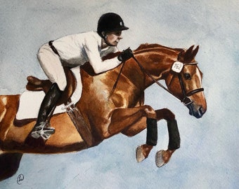 May include: Watercolor painting of a horse and rider jumping over an obstacle. The horse is a rich brown color, and the rider is wearing a white shirt, black helmet, and black riding boots. The horse has a number 162 on its bridle.