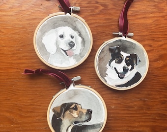 Personalisierte Hundeportrait Ornament | Handgemalt in Aquarell | Hundeportrait | Benutzerdefinierte Hund Ornament | Tierportrait | Stickrahmen