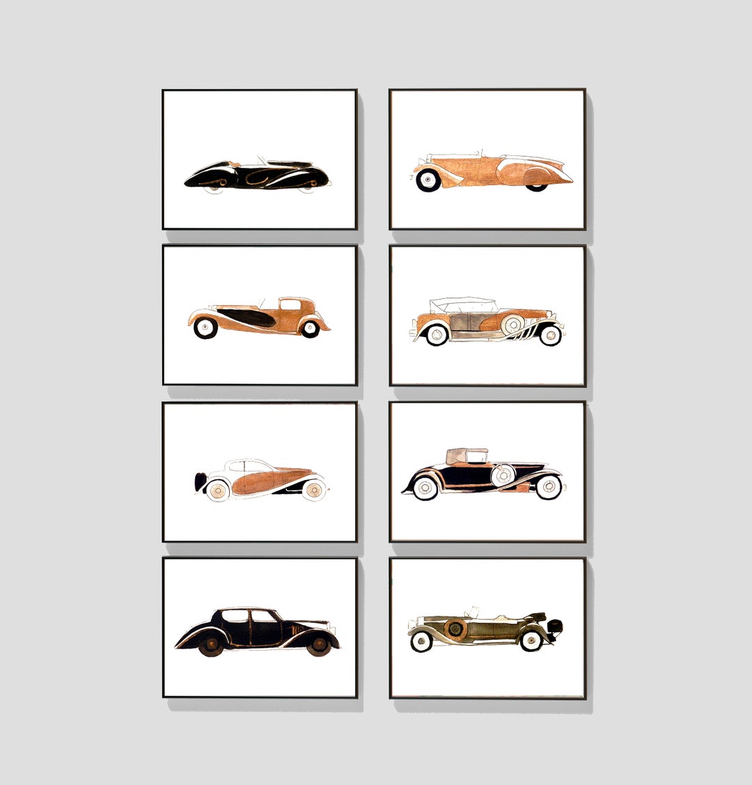 Art Deco Car Prints Set of 8 Car Posters Ink Painting Metallic Car Art Vintage Car Decor Etsy