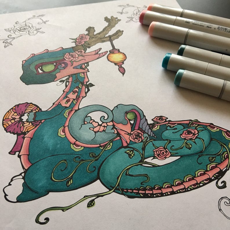 Rose Dragons Coloring Page - Etsy