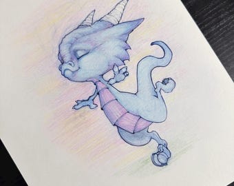 Little Dancing Blue Dragon- Original Colored Pencil
