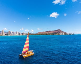 Catamaran Boat Sailing on the Blue Ocean in Waikiki with Diamondhead Crater in Hawaii.  Hawaiian Sailboat Art Print