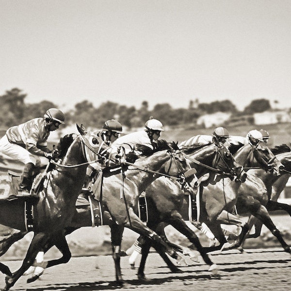 Vintage Horse Racing Photography.  Black and White Photo of Horses on the Race Track