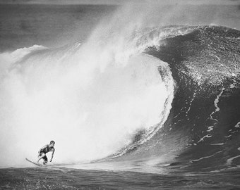 Black and White Vintage Surf Photography - Surfer Surfing a Huge Wave at Pipeline in Hawaii Photo - Free Shipping