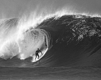 Black & White Print of a Surfer on a Big Wave in Hawaii.  Surfing Photography Fine Art Surf Photo Picture