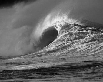 Surf Art Black and White Print of a  Big Wave Breaking at Dawn.