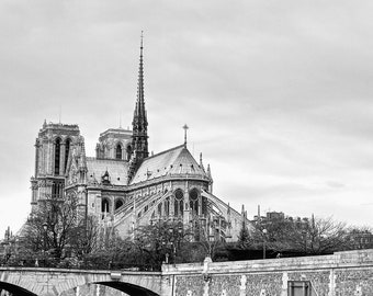 Notre Dame Cathedral in Paris France Black and White Photography Fine Art Print. Vintage French Decor