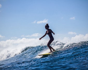 Woman Surfing in Hawaii Blue Hawaii.  Color or Black and White Print.  Surf Girl Photo Print