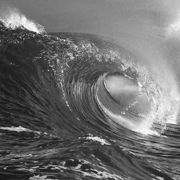Black & White Surf Art Photo of a Big Wave in Hawaii. Beach Decor Photographs Pictures