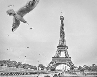 Eiffel Tower Photography - Photo of the Eiffel Tower in the City of Paris, France.  Vintage Black and White Photograph