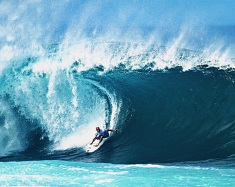 Surf Photography - Surfer Kelly Slater Surfing a Huge Wave at Pipeline in Hawaii Art Print with Free Shipping