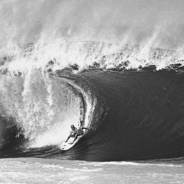 Black and White Photo Print of Surfer, Kelly Slater Surfing on a Big Wave at Pipeline Hawaii.