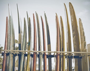 Surf Art - Surfboards on a Surf Rack in Hawaii. Surfing Photography Beach House Decor