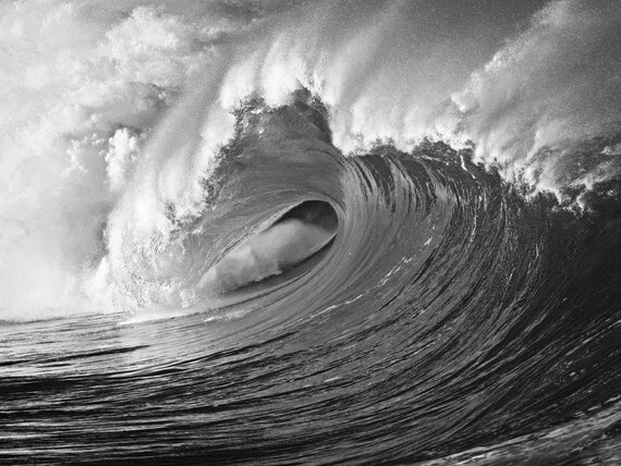 Black & White Photo of a Huge Wave in Hawaii Surfing | Etsy