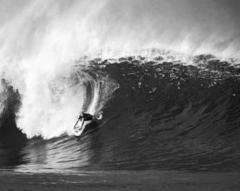 Surfing Photos: Fine Art Surf Photography Print. Black and White Print of a Surfer on a Big Wave in Hawaii