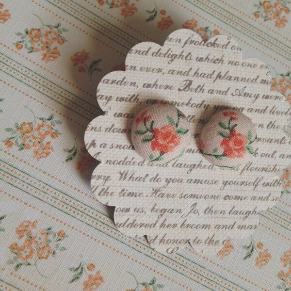 Floral Fabric Covered Button Earrings