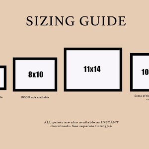 May include: A sizing guide graphic on a light tan background featuring four white rectangles with black borders. The rectangles are labeled 5x7, 8x10, 11x14, and 10x10 inches. Text includes SIZING GUIDE, BOGO sale available, and information about instant downloads.