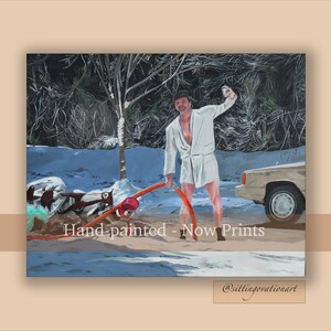 May include: A painting depicting a person in a white bathrobe and dark cap standing in a snowy outdoor setting, holding a long orange hose and a small white object. A tan vehicle is parked nearby, and the text Hand-painted - Now Prints is visible.