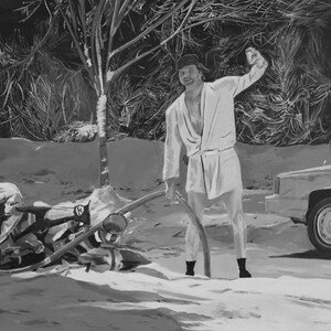 May include: A black and white painting depicting a figure wearing a bathrobe and a cap, standing outdoors while holding a hose. The scene includes a car parked to the right, a pile of debris on the left, and trees in the background.